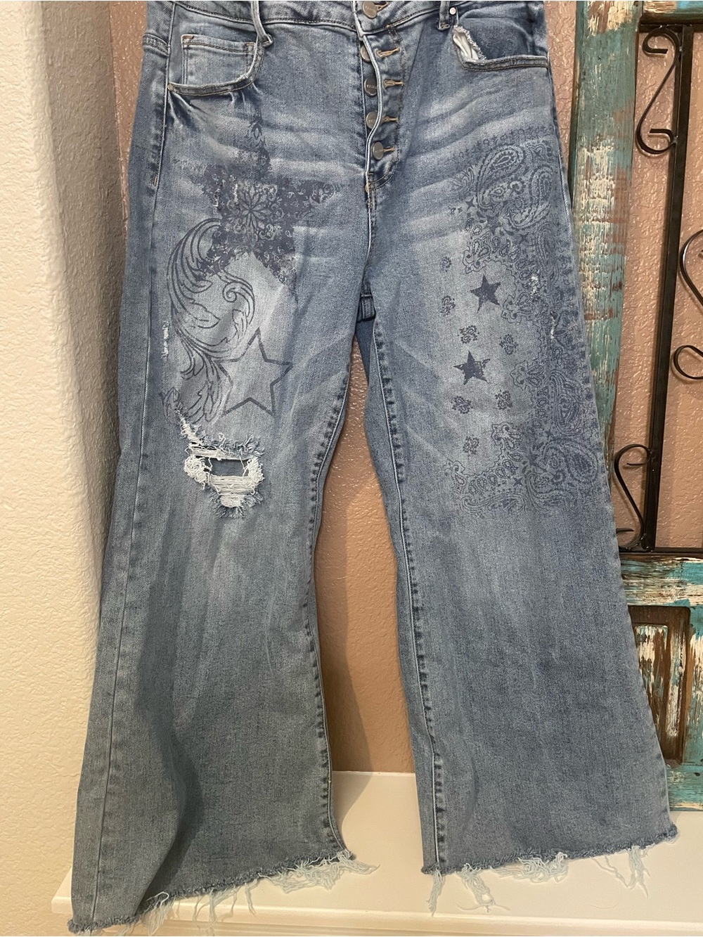 Light Blue Embroidered Flare Jeans with Star & Paisley Motif